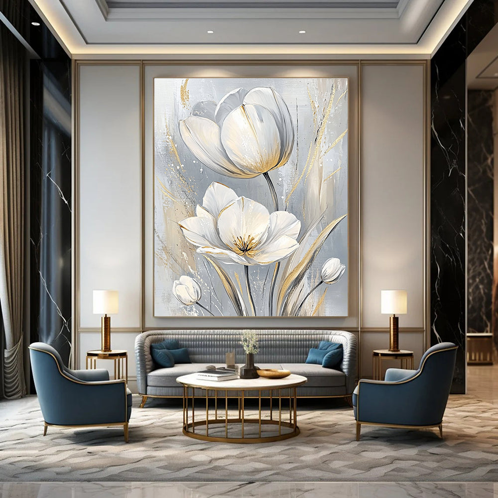 White Tulips with Gold Elegant Floral Art for Luxury Hotel Suite & Sophisticated Home Dining Room STSC1480
