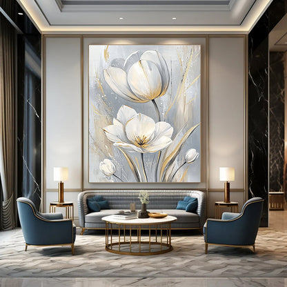 White Tulips with Gold Elegant Floral Art for Luxury Hotel Suite & Sophisticated Home Dining Room STSC1480
