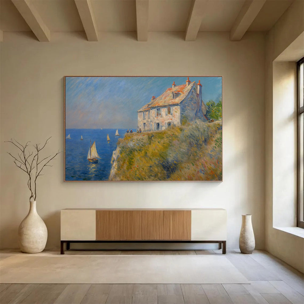 Seaside Stone House Oil Painting (Renoir - Style) for Coastal Villa Dining Areas DLZ2606
