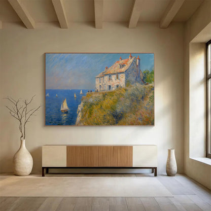 Seaside Stone House Oil Painting (Renoir - Style) for Coastal Villa Dining Areas DLZ2606
