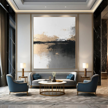 Black, White, and Gold Abstract Landscape for Minimalist Home Office & Art - Centric Lounge STSC387