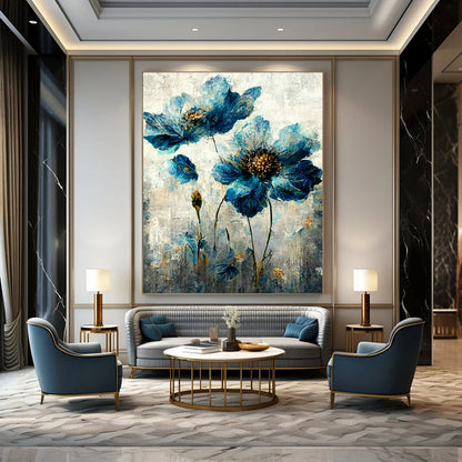 Blue Floral Oil Painting for Elegant Bedroom & Floral - Themed Café DLZ1820