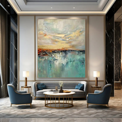 Golden - Blue Blended Landscape Abstract for Living Room & Hotel Lobby DLZ0581