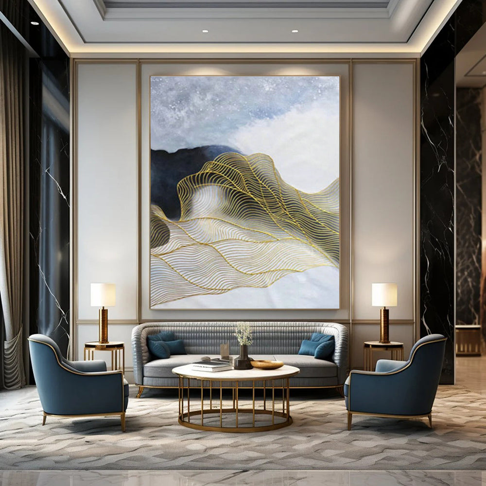 White - Blue with Gold Waves Abstract for Spa & Luxury Home DLZ0574