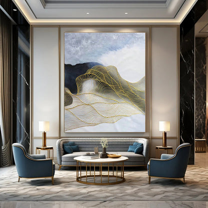 White - Blue with Gold Waves Abstract for Spa & Luxury Home DLZ0574