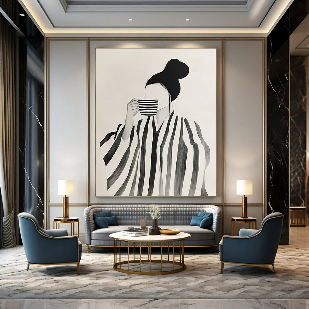 Woman with Striped Robe and Cup Art for Fashion - Forward Boutique & Cozy Reading Nook STSC1344