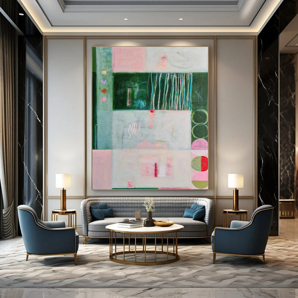 Pink - Green Geometric Art for Eco - Friendly Café Walls DLZ0145