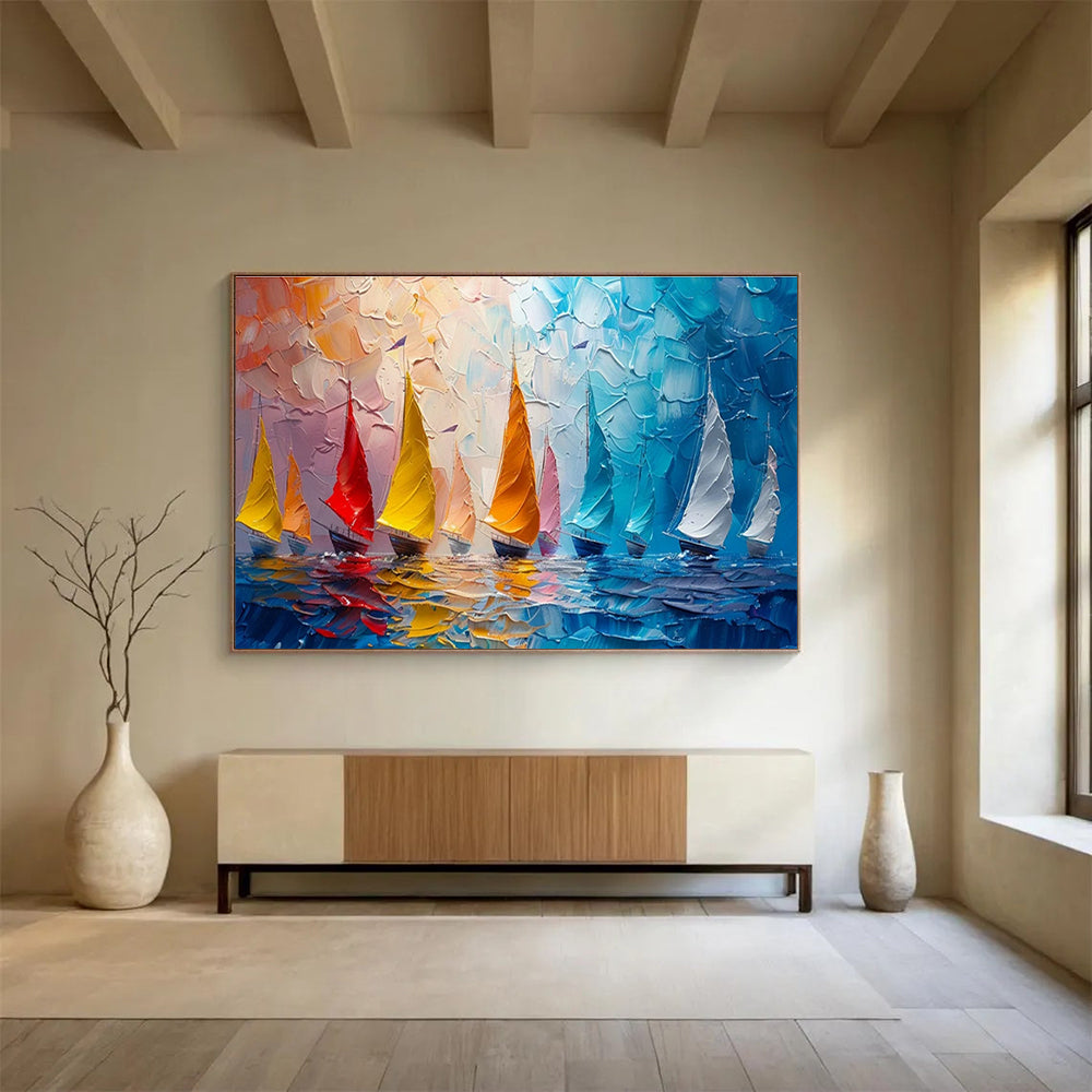 Colorful Sailboats Palette Knife Art for Nautical - Themed Yacht Club Dining Rooms DLZ3184