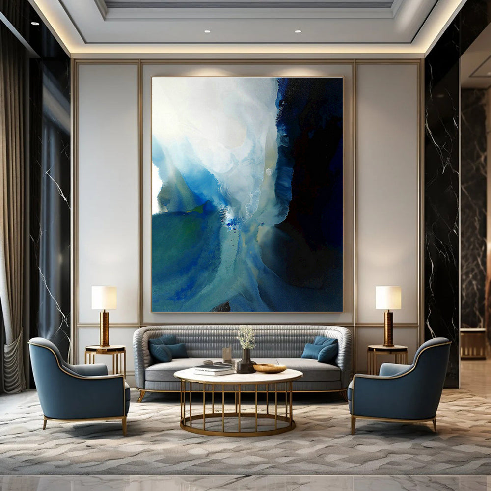 Blue - White Ink Abstract for Contemporary Art Studio & Calming Spa Waiting Room DLZ0948