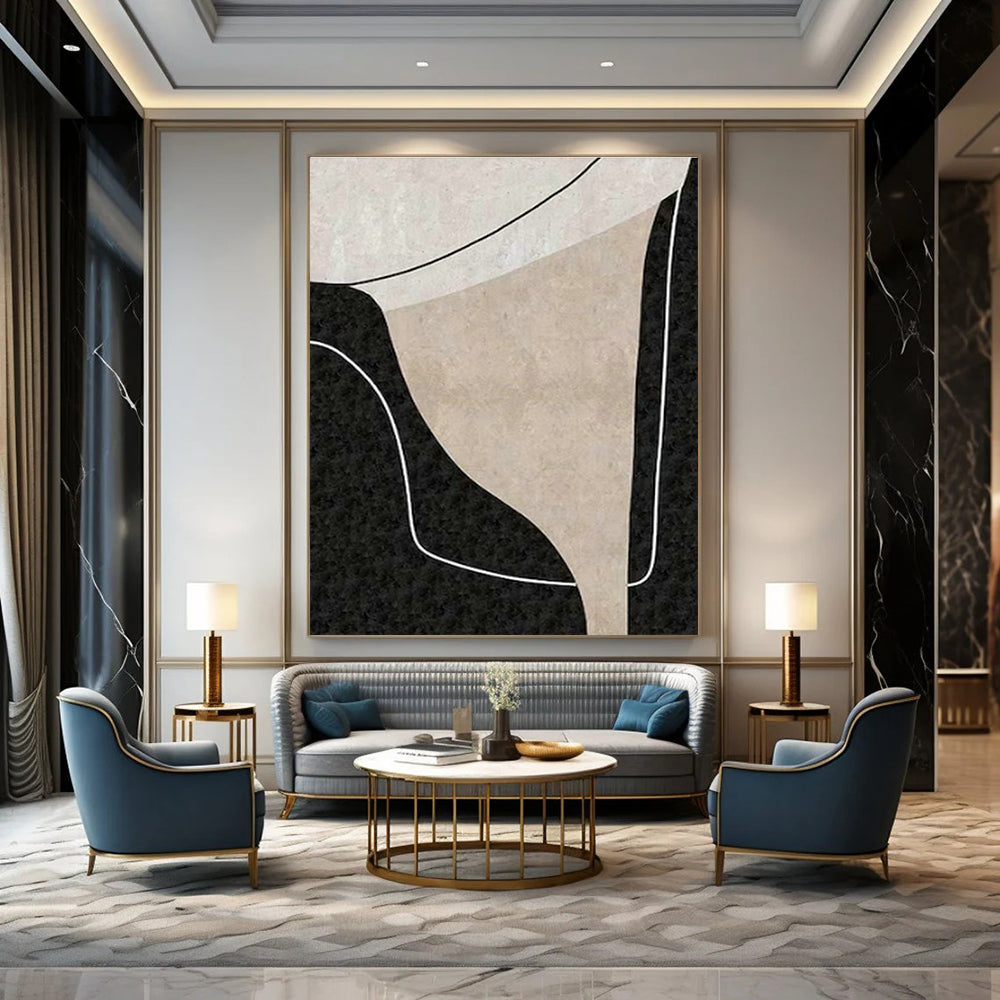 Beige - Black Abstract Curves Art for Contemporary Living Room & Art Studio DLZ2071
