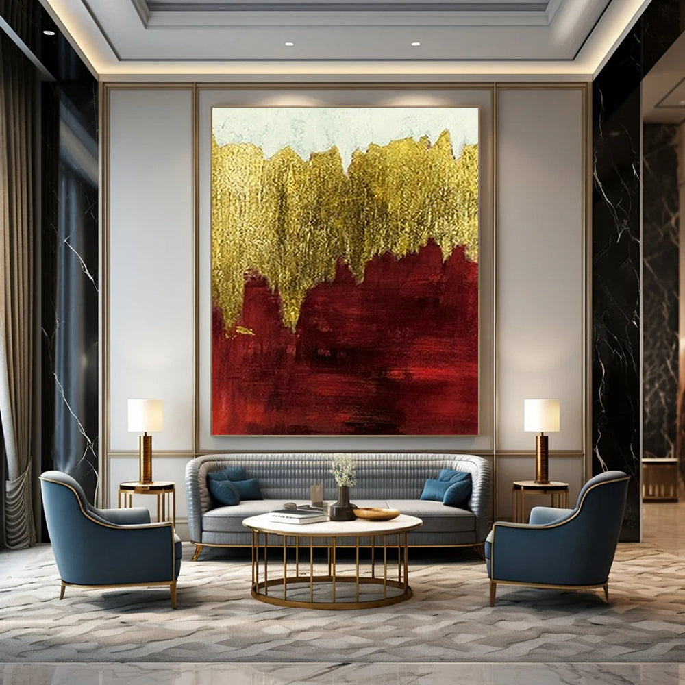 Red - Gold Layered Abstract Art for Traditional Library & Dramatic Dining Room DLZ1346