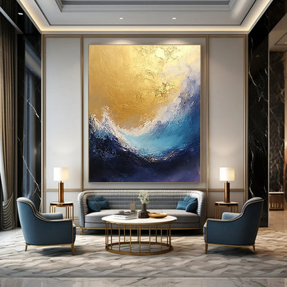 Gold and Blue Abstract Wave 2 for Coastal Resort Spa & High - End Art Gallery STSC334