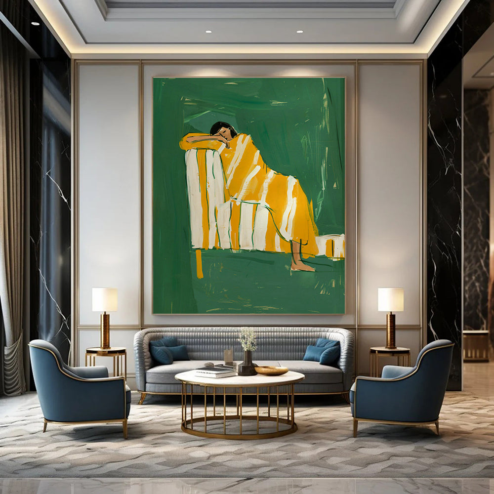 Figure in Yellow Blanket on Green Background Art for Art Deco Home & Creative Studio DLZ0689