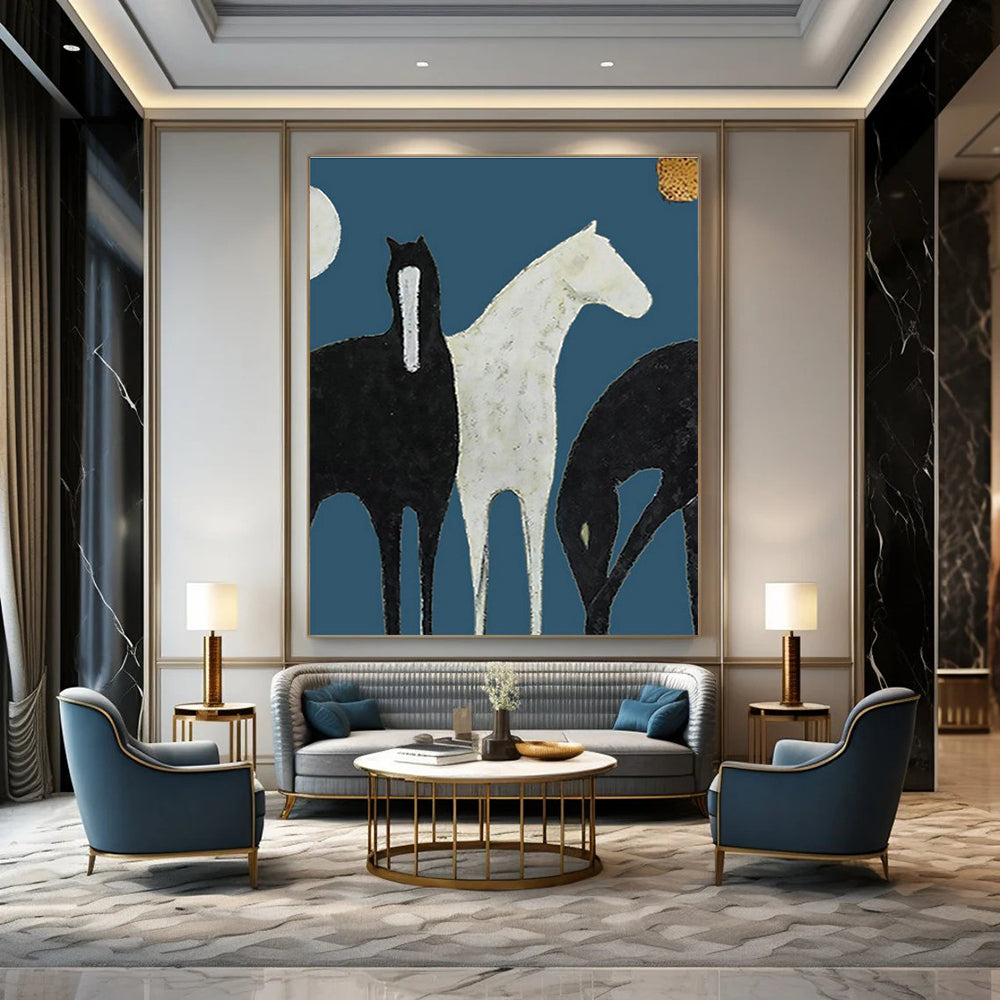 Stylized Horses on Blue Art for Equestrian - Inspired Living Room & Art - Themed Office DLZ2140