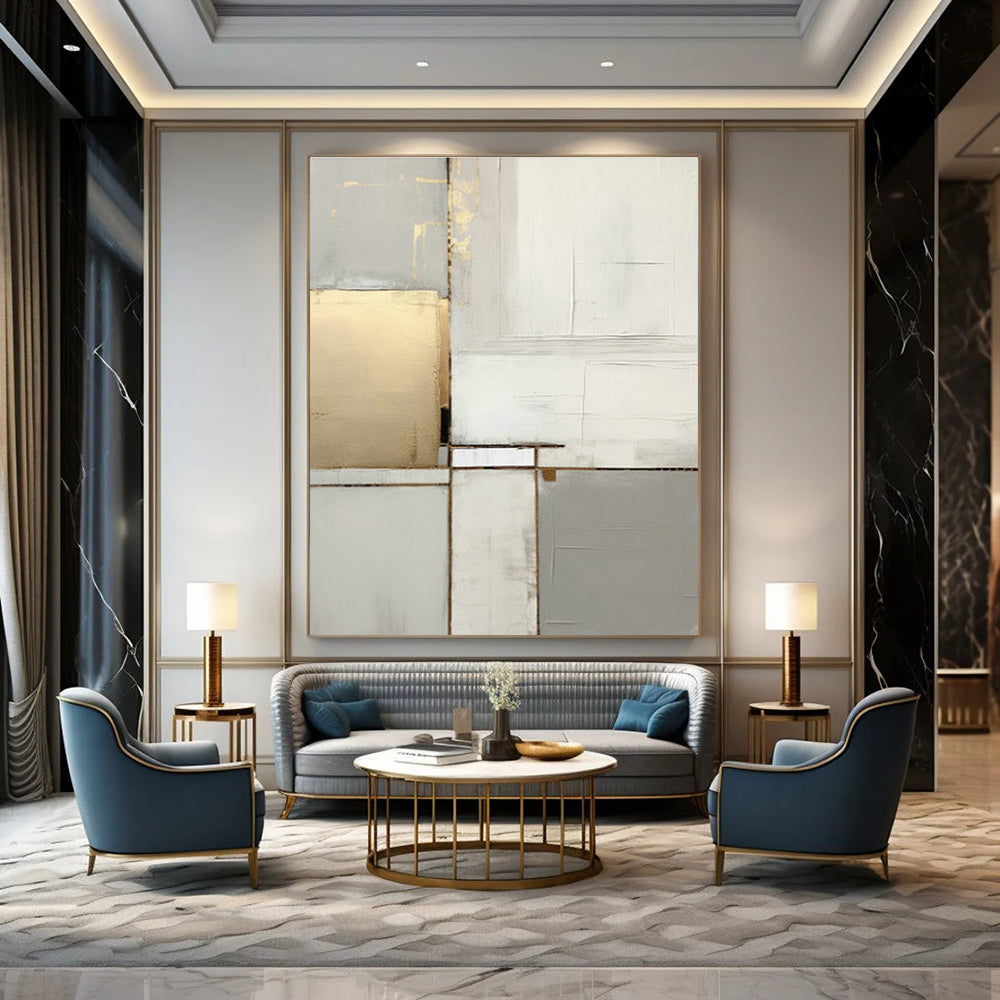 Gray - White - Gold Blocks Abstract Art for Office & Luxury Home DLZ0586