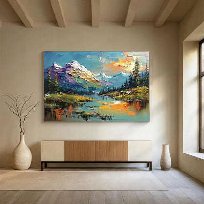 Mountain Lake Palette Knife Art for Adventure - Themed Hotel Lobby Displays DLZ3210