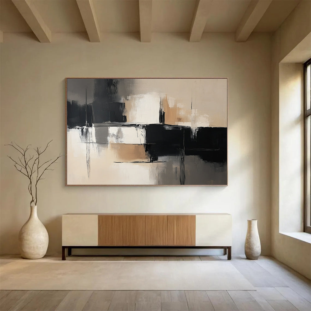 Black - Beige Geometric Abstract Art for Modern Office Lounge & Art Gallery SC229