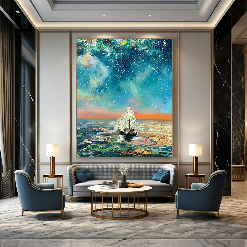 Starry Night Sailboat Oil Painting for Nautical - Themed Bar & Beach House Bedroom DLZ1056