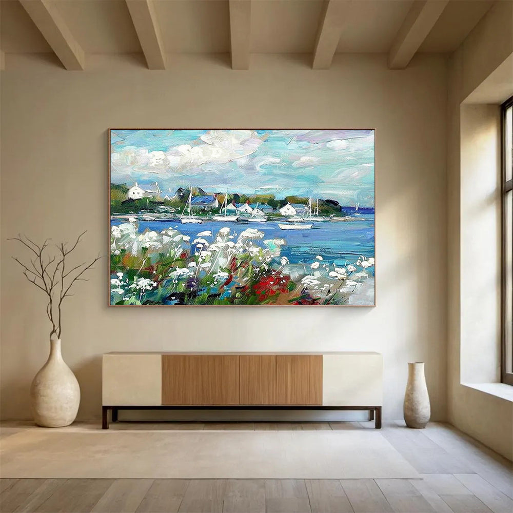 Coastal Town Landscape Art for Nautical - Themed Dining Area DLZ2834