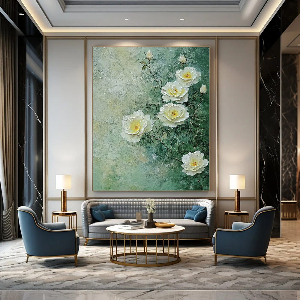 Textured White Roses Romantic Floral Art for Victorian - Style Parlor & Elegant Home Bedroom STSC1490