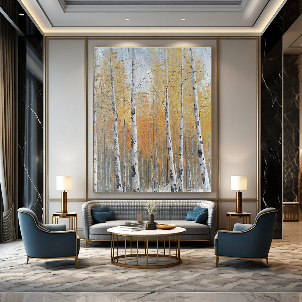 Golden Autumn Birch Forest Oil Painting for Country Villa & Fall Festival Venue DLZ1306