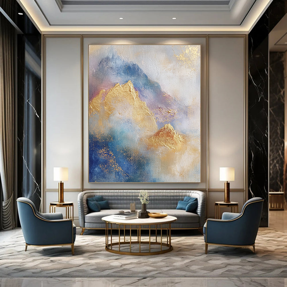 Gold and Blue Abstract Mountains for Luxury Ski Lodge & Elegant Home Library STSC446