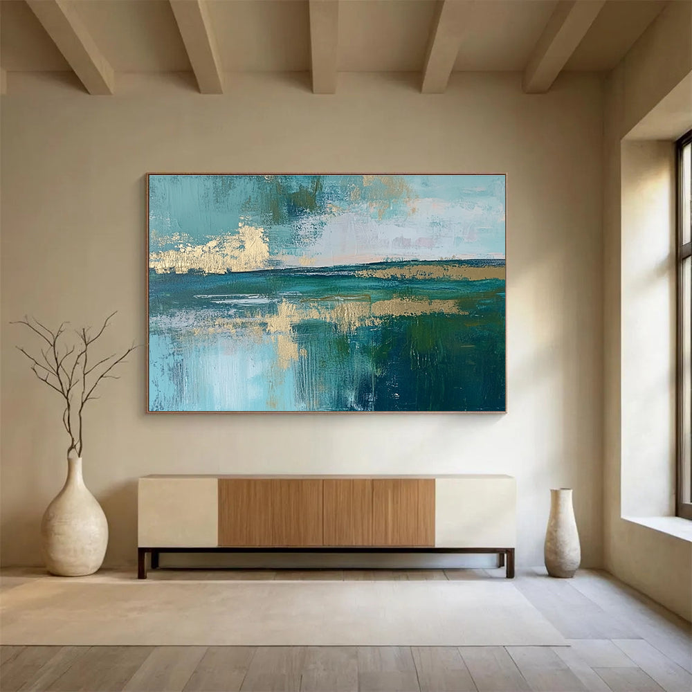 Teal Coastal Abstract Art for Beach - Themed Boutique Hotel Room & Artistic Coastal Café SC115