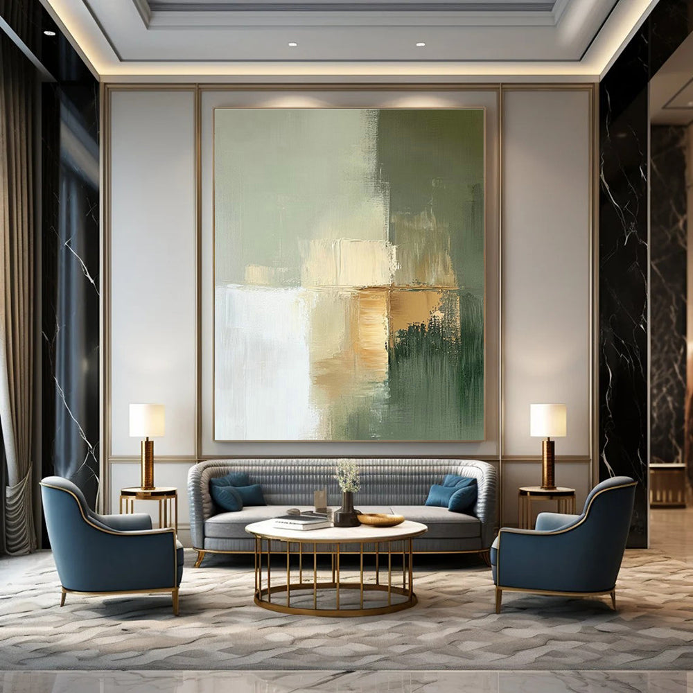 Light Green - Gold Abstract Art for Modern Office Lounge & Scandinavian Bedroom DLZ1650