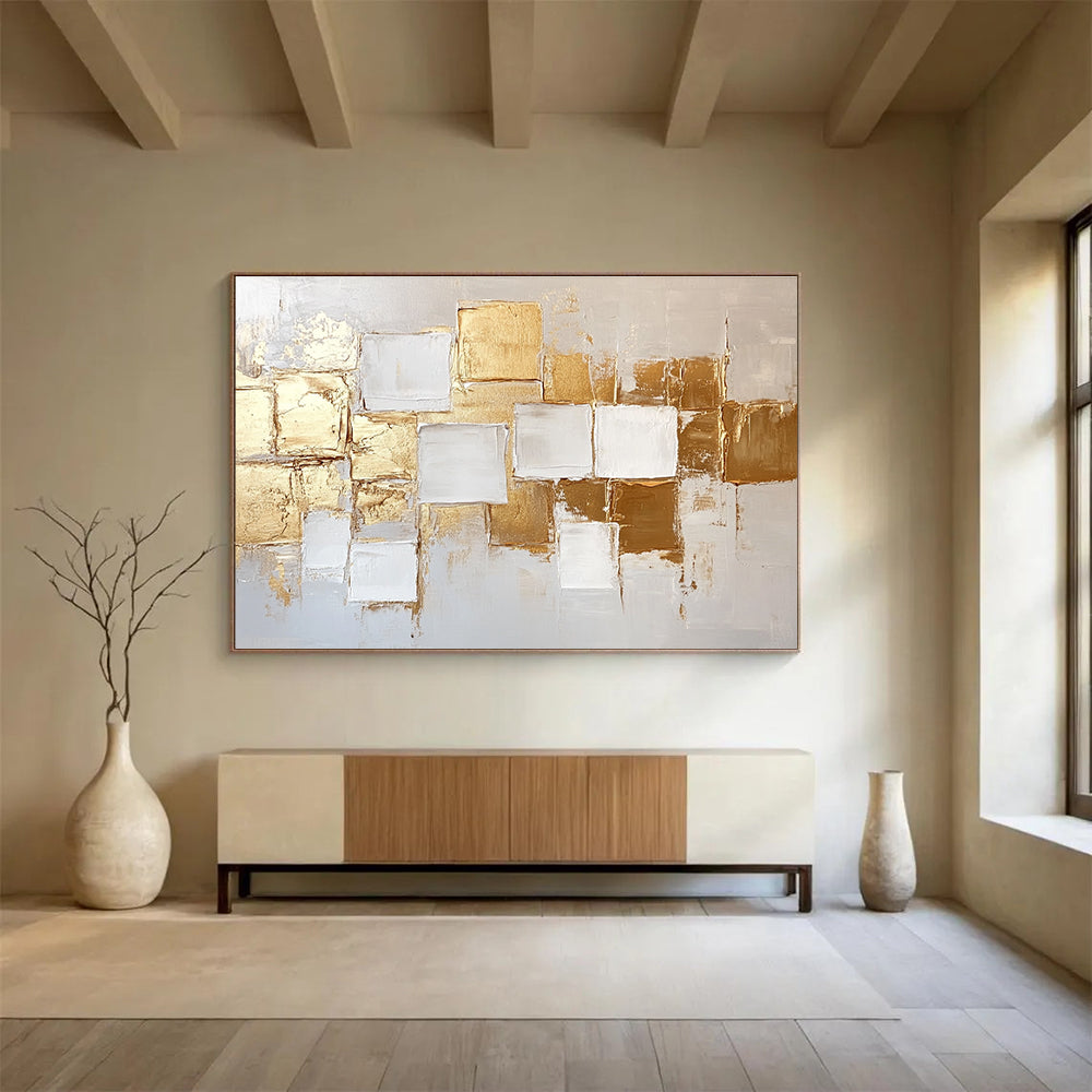 Gold and White Geometric Abstract Art for Luxury Hotel Suite & Upscale Art Gallery SC292