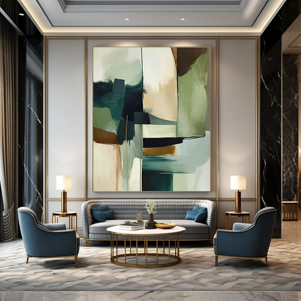 Teal - Green & Gold Abstract Art for High - End Restaurant & Modern Dining Room DLZ1637