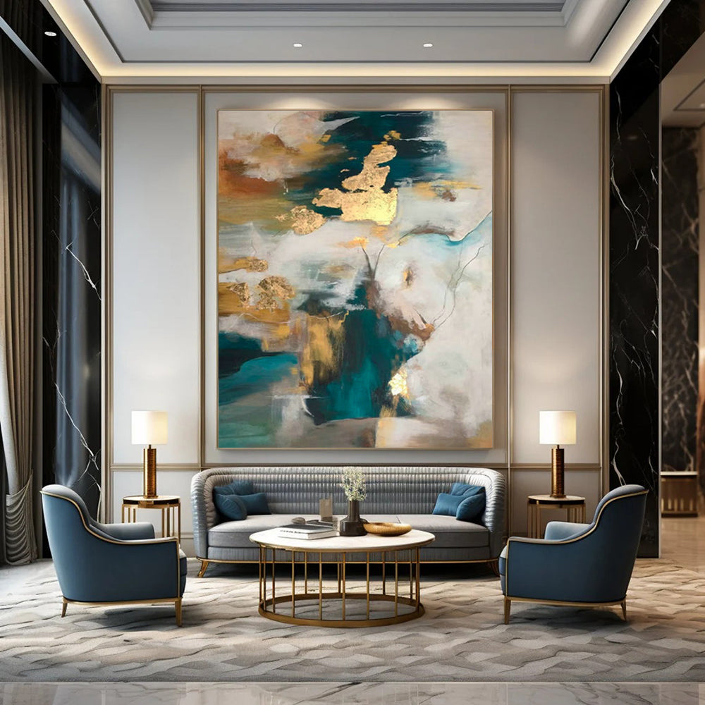 Blue - Gold - White Abstract Art for Coastal Luxury Home & High - End Art Lounge DLZ1899