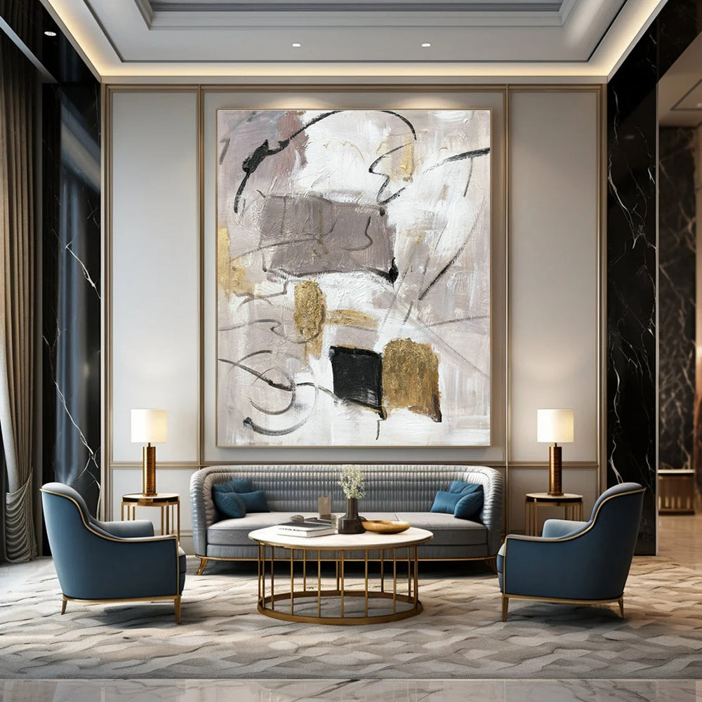 Gray - Gold Abstract Painting for Modern Minimalist Office & Luxury Hotel Suite DLZ1292