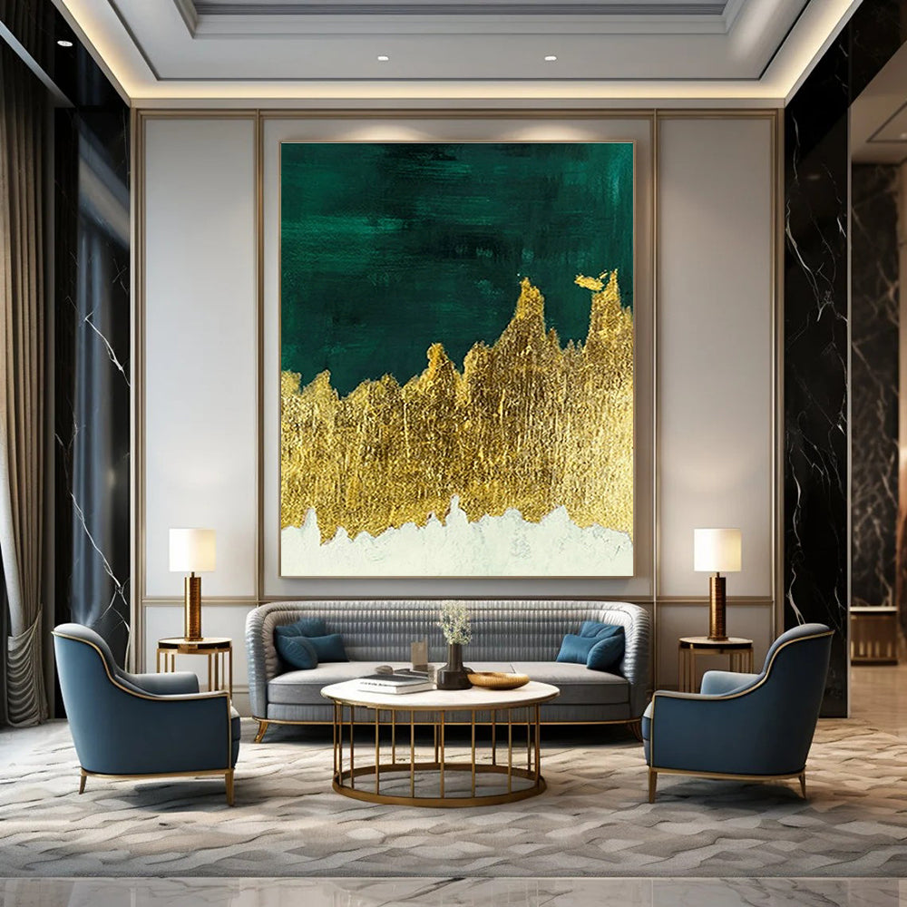 Dark Green & Gold Foil Abstract Art for Luxury Hotel Lobby & Art Deco Home DLZ1342