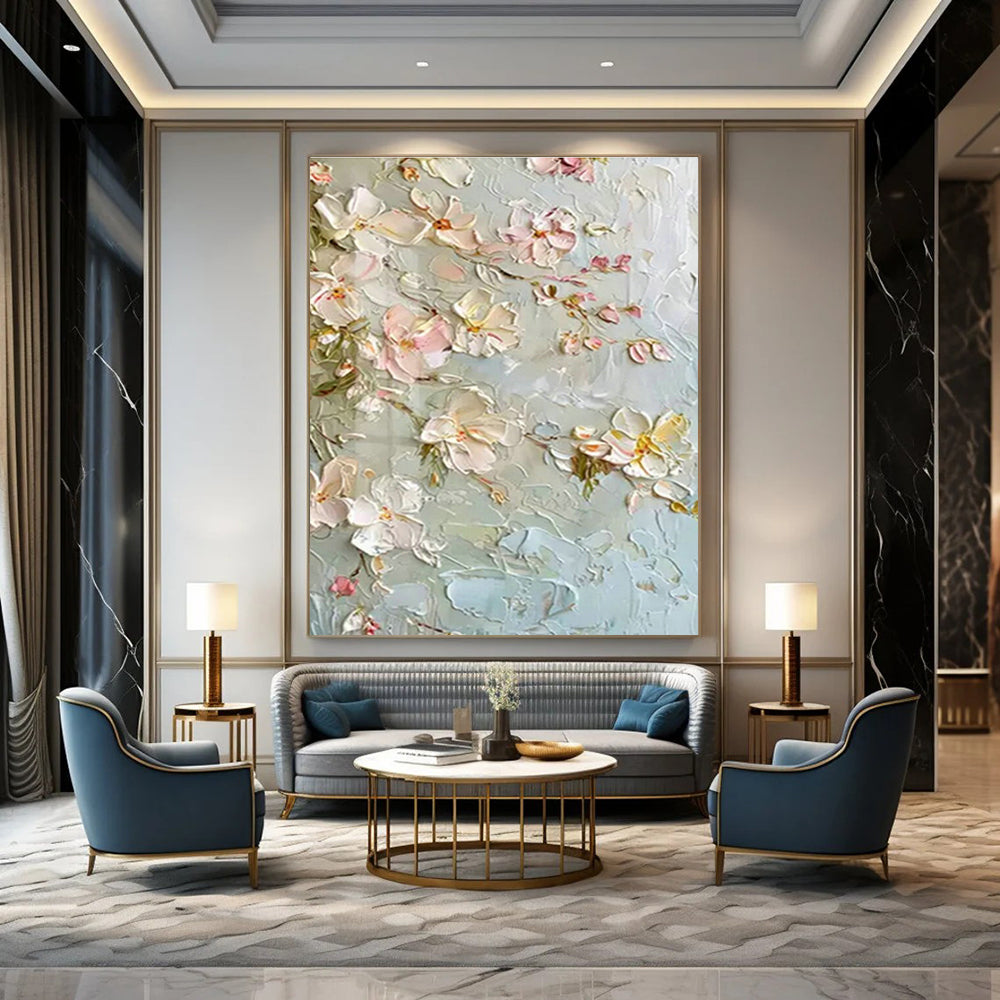 Textured Floral Branch Art for Traditional Library & Cherry Blossom Festival Venue DLZ1399