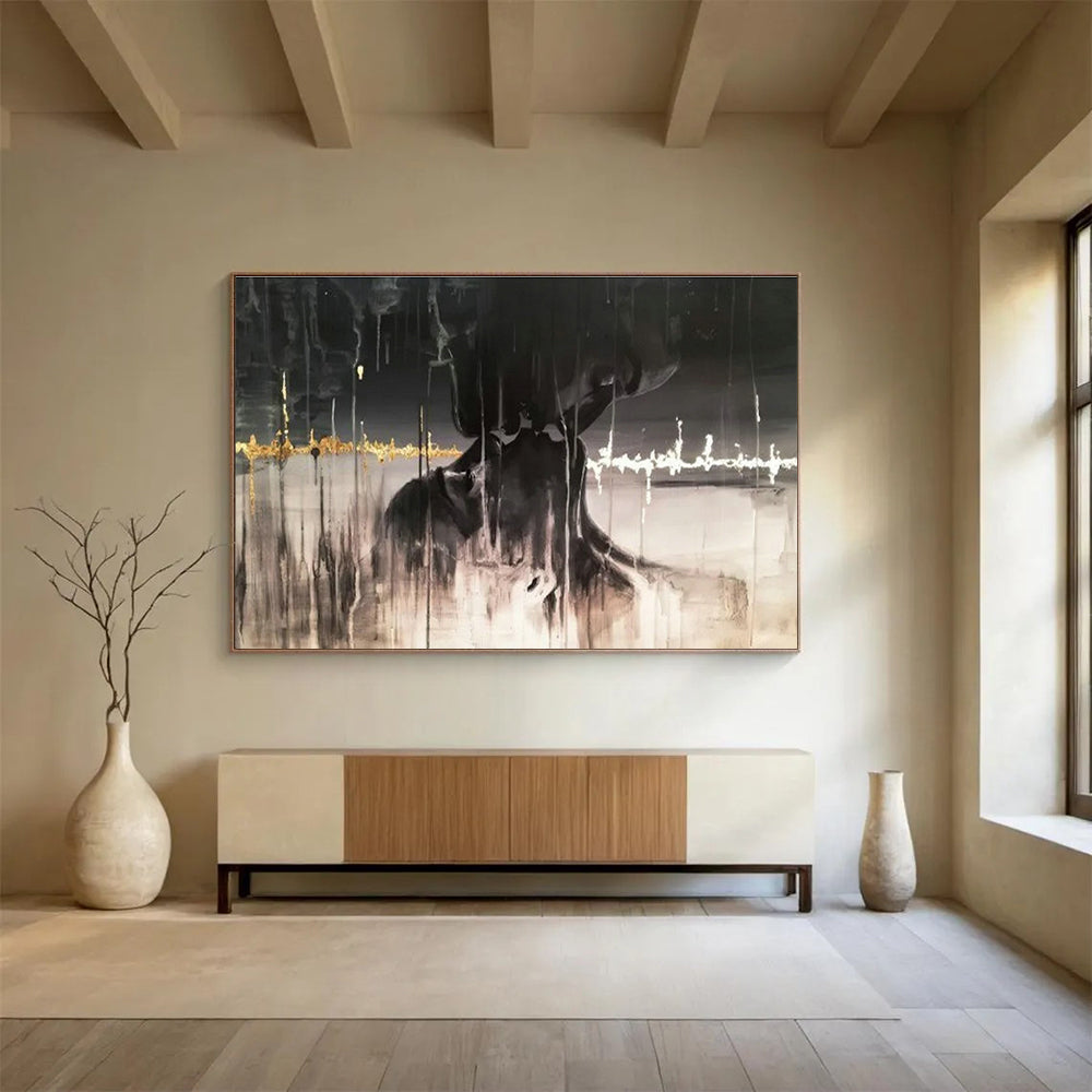 Black - Gold Abstract Art for Luxury Hotel Rooftop Bar Decor DLZ3284