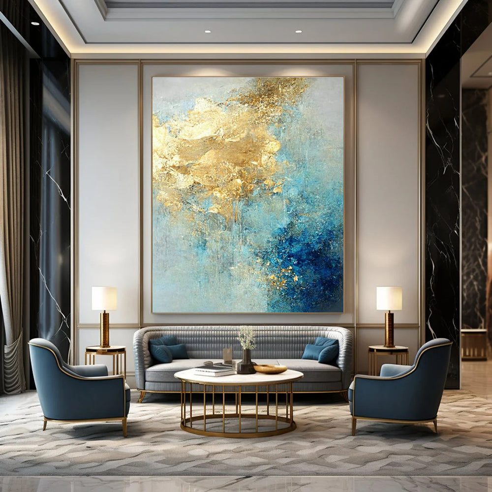 Gold - Blue Abstract Art for Luxury Beachfront Resort & Upscale Art Lounge DLZ1922