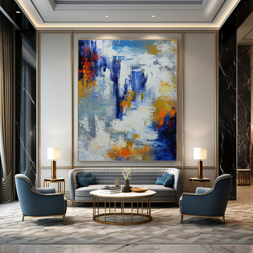 Blue - Orange Splash Abstract Art for Beach House Living Room & Coastal Gallery DLZ1345