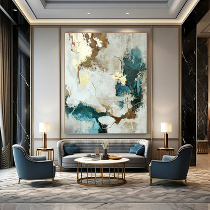 Modern White - Gold - Teal Abstract Art for Living Room & Dining Room DLZ0397