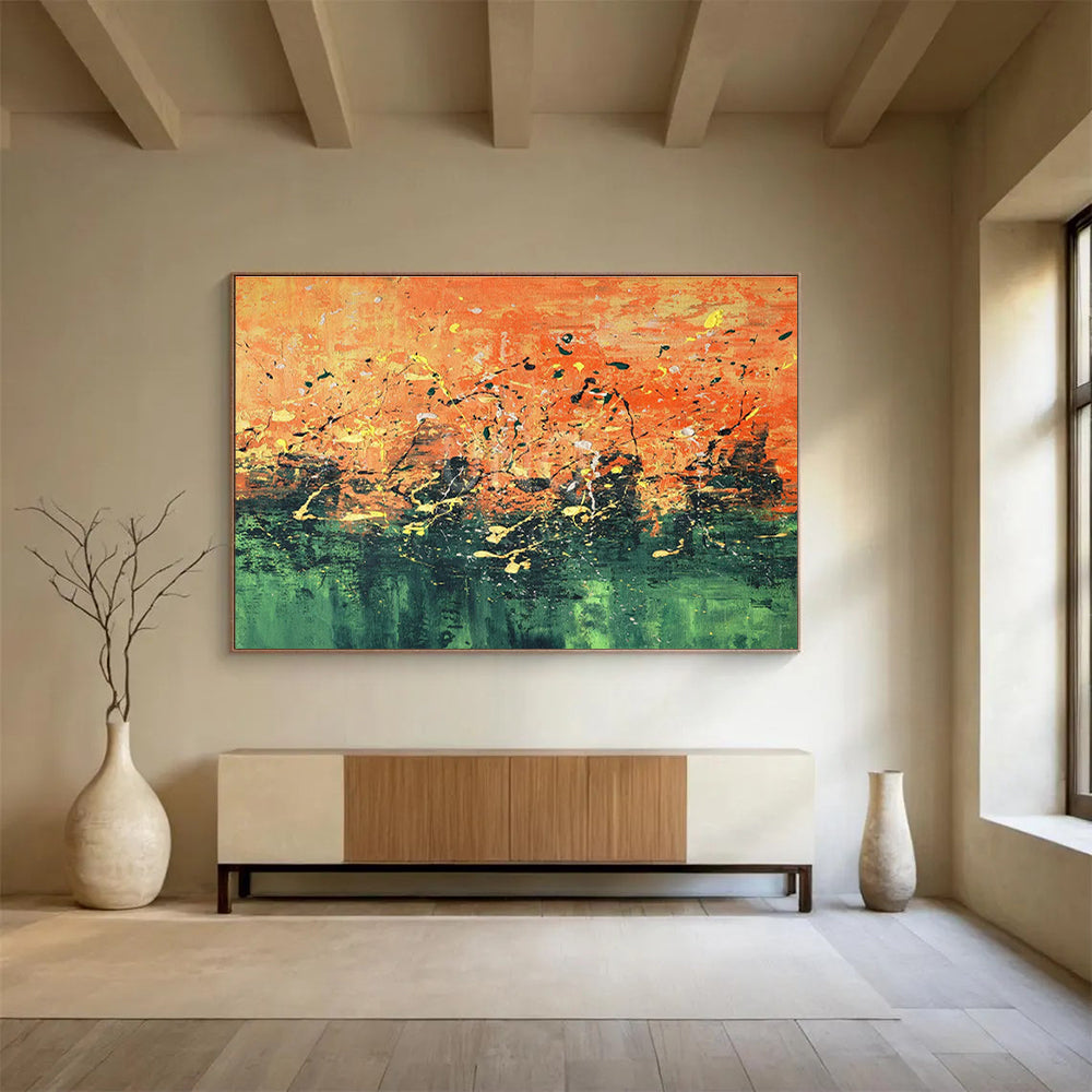 Orange - Green Splatter Abstract Art for Art Gallery Cafés DLZ2539