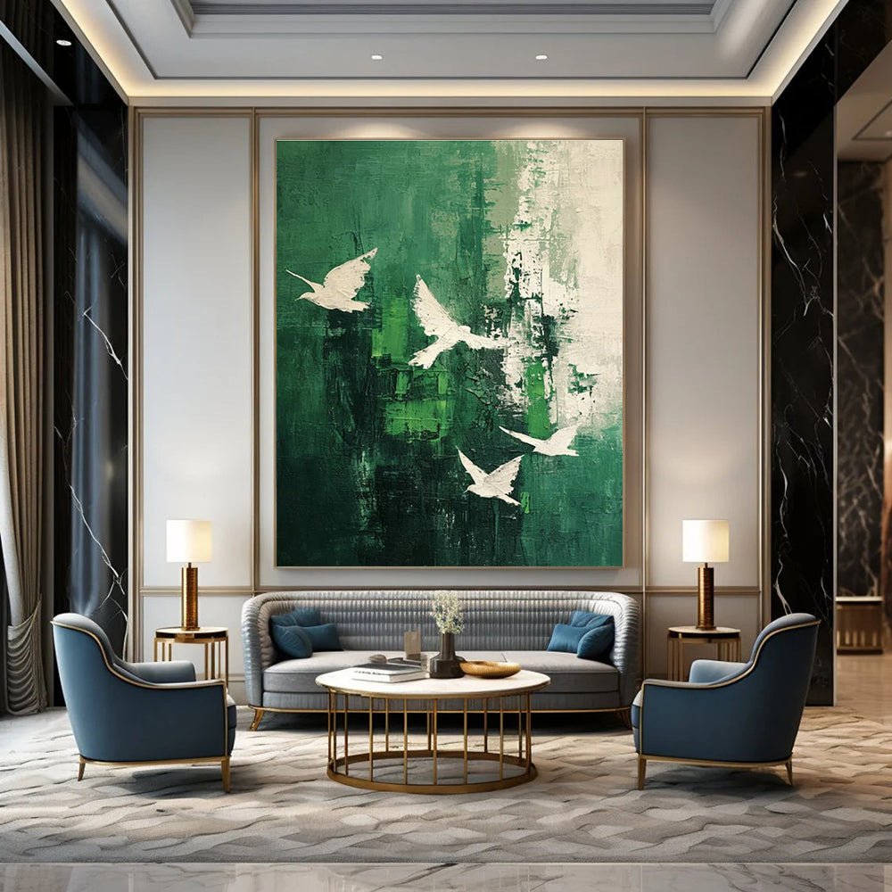Dark Green & White Doves Abstract Art for Nature - Inspired Home & Yoga Studio DLZ1318