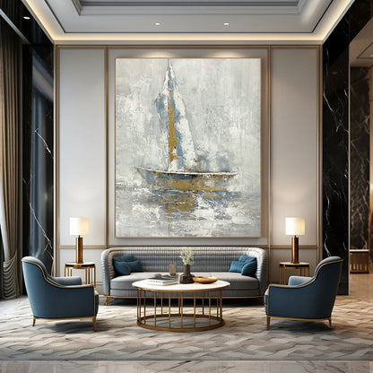 Gold - Silver - Grey Sailboat Art for Living Room & Study DLZ0470