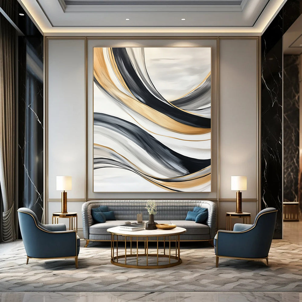 Flowing Gold & Black Abstract Art for Living Room & Luxury Spa STSC739