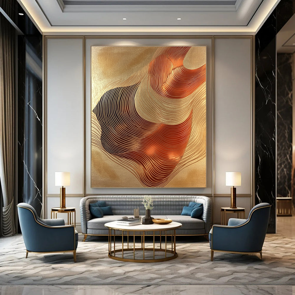 Golden Wavy Lines Art for Luxury Hotel Lobby & Modern Home Living Room STSC1440