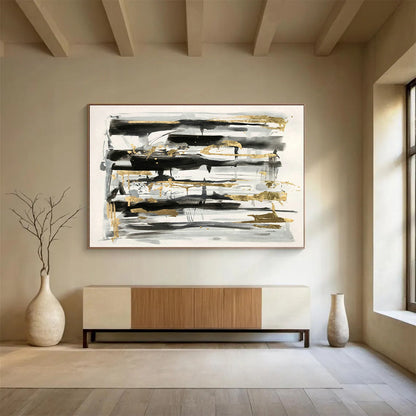 Black - Gray - Gold Abstract Art for Luxury Hotel Lobby Feature Walls DLZ3230