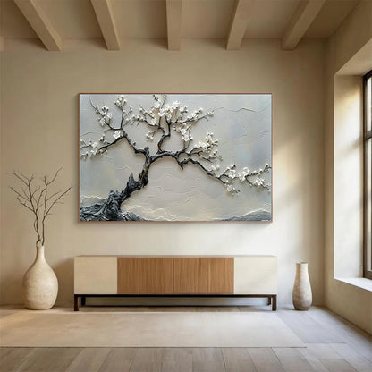 Textured White Blossom Tree Relief Art for Zen - Inspired Entryways DLZ3079