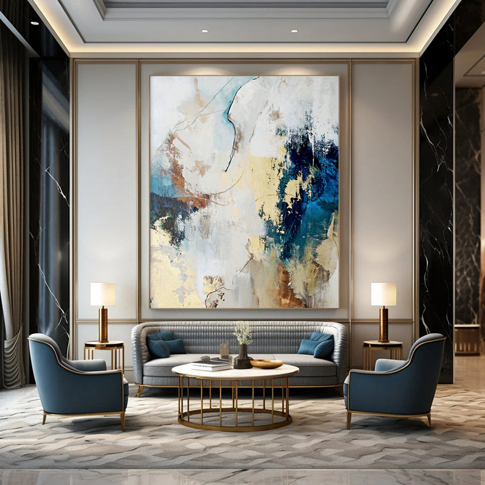 Blue & Gold Abstract Fusion Art for Modern Office Reception & Upscale Lounge DLZ1025