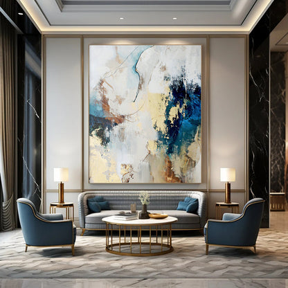 Blue & Gold Abstract Fusion Art for Modern Office Reception & Upscale Lounge DLZ1025