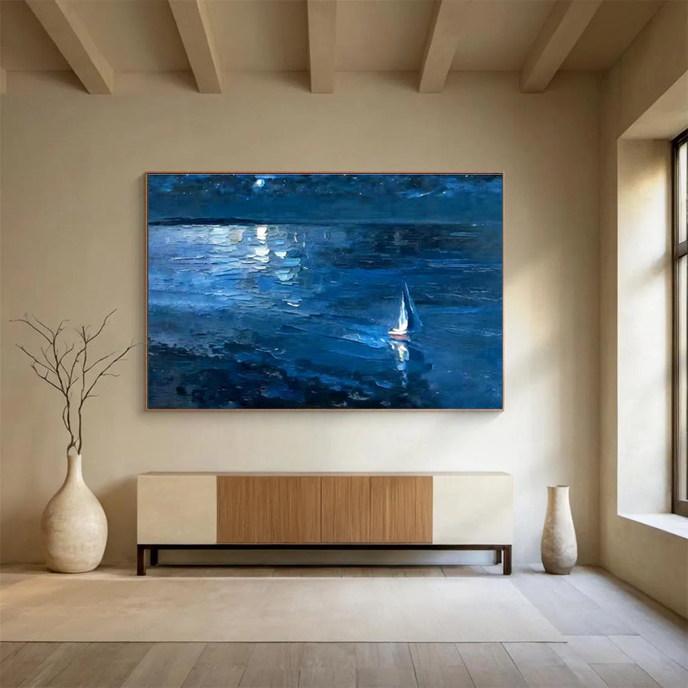 Moonlit Sea View Oil Painting for Coastal - Themed Living Rooms DLZ2484