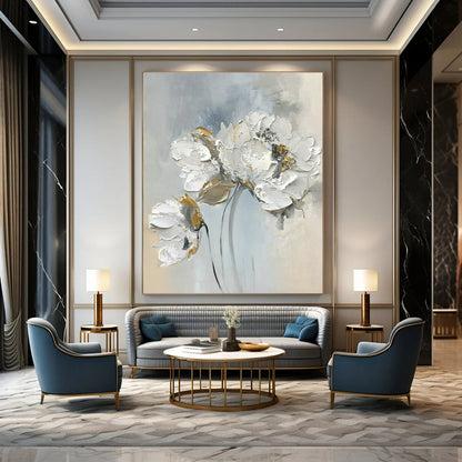 Gray - White Floral Oil Painting for Elegant Bedroom & High - End Boutique DLZ1588
