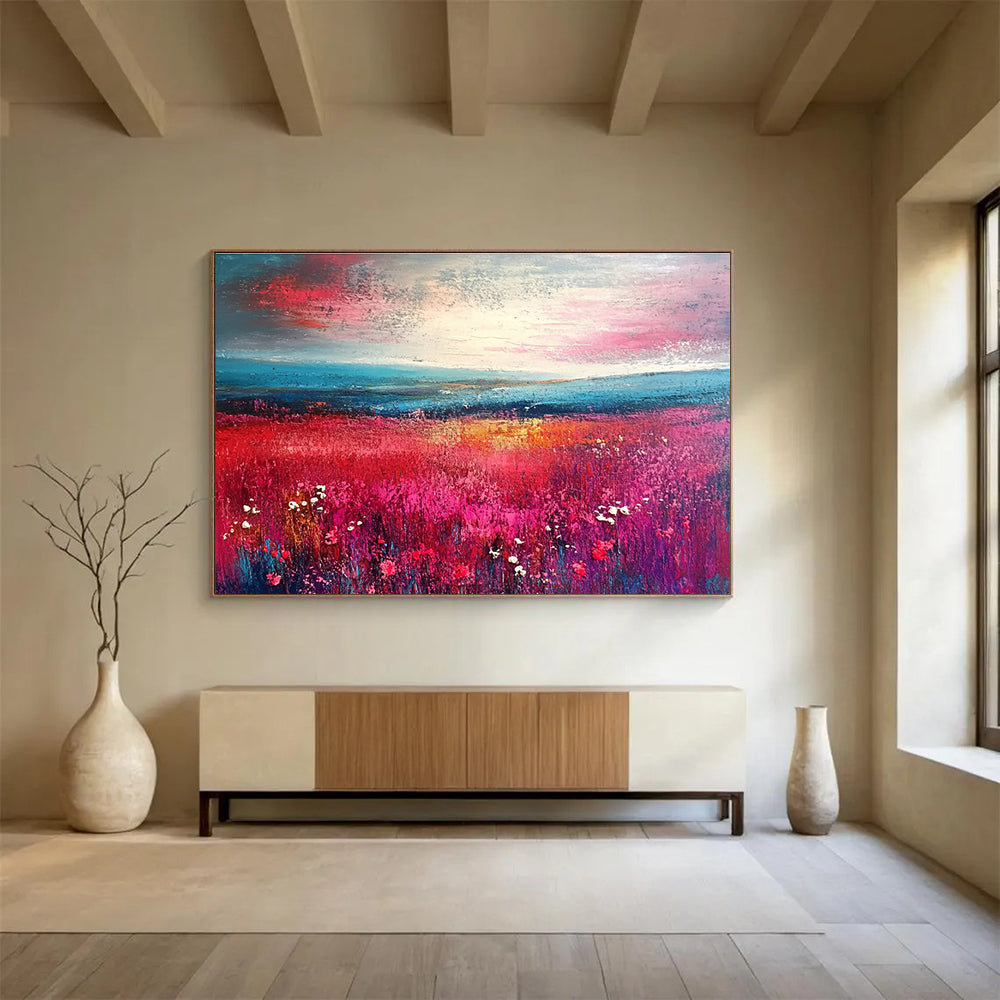 Vibrant Red Field Landscape Art for Nautical - Themed Restaurant & Coastal Home SC314